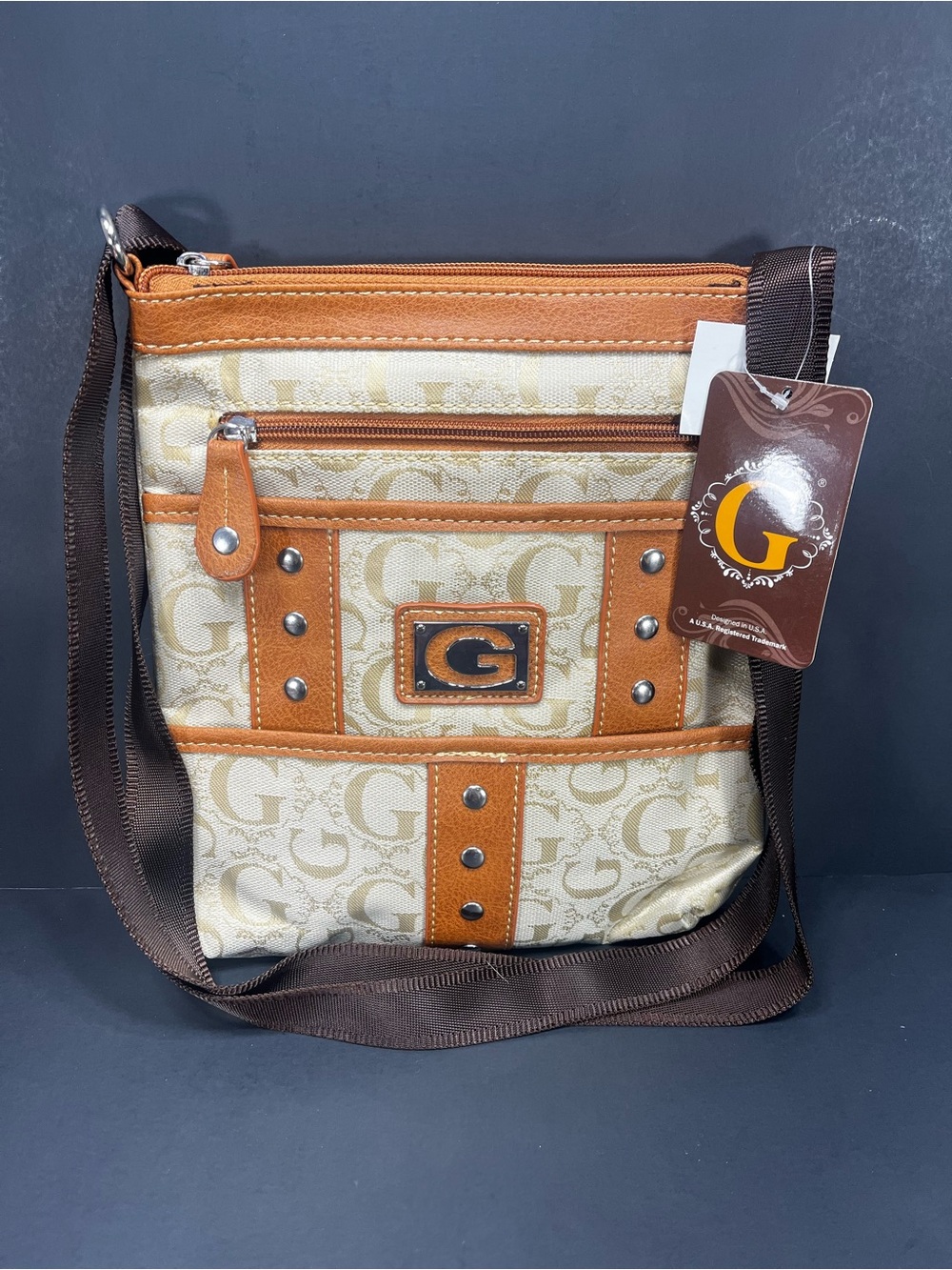 Y2K Brown Cream Monogram Crossbody with Brown Fqux Leather Trim new studded